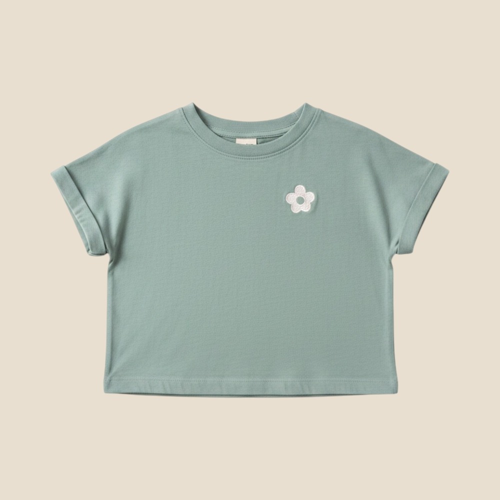 Hanna Andersson Kids Sage Green Boxy Flower Embroidered T-Shirt US 3T